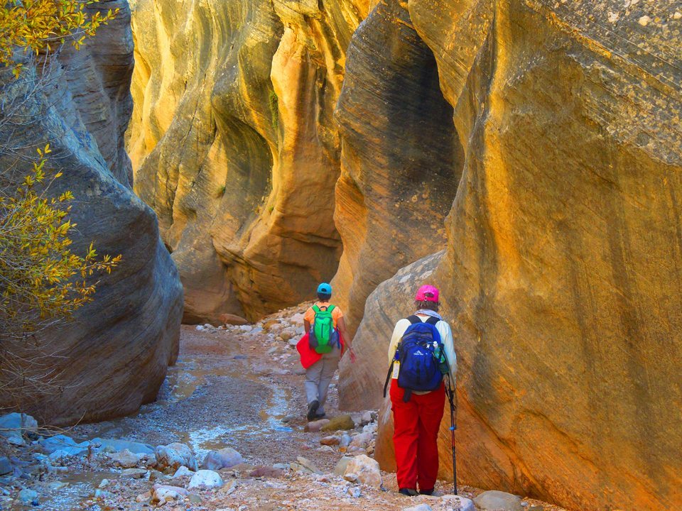 Two hikers wearing backpacks and hats walk through a narrow, rocky canyon with sunlight illuminating the stone walls.