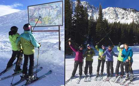 Getting oriented to Bridger Bowl Ski area. (L) At the top of Alpine Lift and ready to go! (Susan Eckert, Jane Hulse, Nancy Casden, Vicki Clayton, Instructor Julie, Patty Mullett) (R)