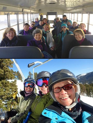 On the ski bus for our short ride from the hotel to Bridger Bowl. (top) Melissa Howells, Jane Hulse & Cathy Muszynski on the chair left (bottom)