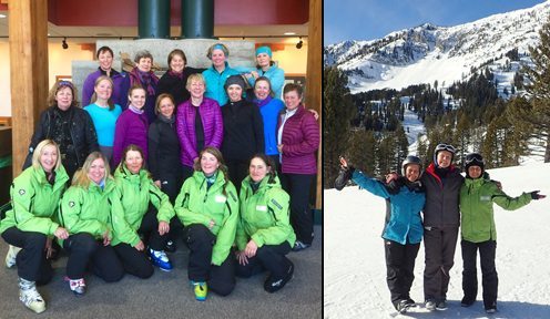 Group photo of AdventureWomen skiers and our instructors at Deer Park Chalet. (L) Cathy Muszynski, Ann Deakyne & Instructir Kristin enjoying blue skies on the mountain.