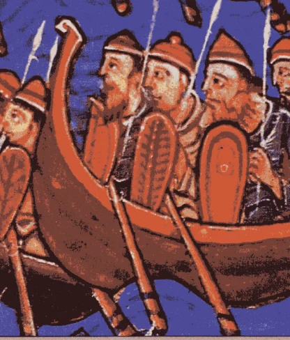 Medieval illustration of Viking warriors rowing a longboat, wearing helmets and holding shields, set against a blue background.