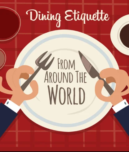 Illustration of hands holding a fork and knife over a plate labeled "Dining Etiquette From Around The World" on a red checkered tablecloth.