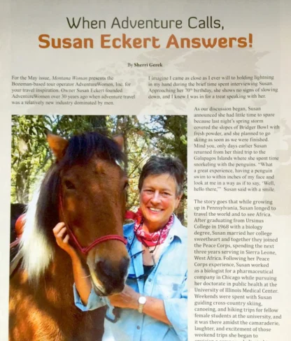 A woman smiles while holding a horse's bridle. The image is part of an article titled "When Adventure Calls, Susan Eckert Answers!" in a magazine.