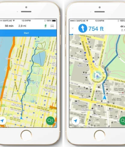 Two smartphone screens display navigation maps. The left screen shows a route in a city grid. The right screen highlights a circular route around a park area.