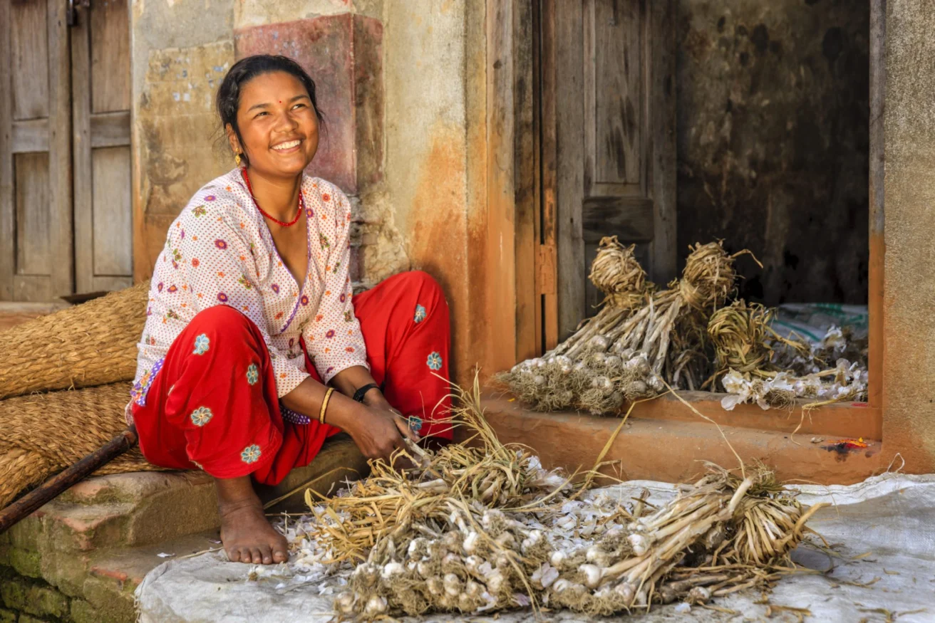 A smiling person sits on a doorstep, bundling together dried garlic. Several bundles of garlic are placed beside them on the ground.