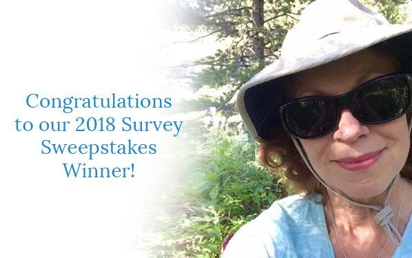 A woman wearing a sun hat and sunglasses smiles. Text reads, "Congratulations to our 2018 Survey Sweepstakes Winner!.