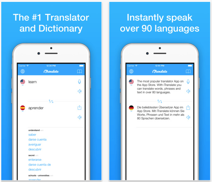 A smartphone app interface displays translation features with text stating it supports over 90 languages.