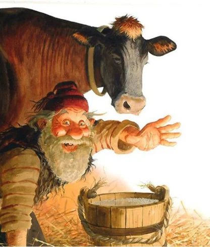 A bearded man in a red hat smiles and gestures near a bucket of milk, with a cow standing beside him on a bed of hay.