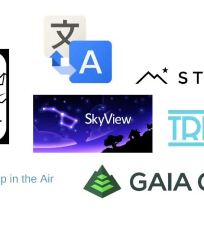 Logos of various apps including PeakFinder, Google Translate, Steller, SkyView, Tripcast, App in the Air, and Gaia GPS.