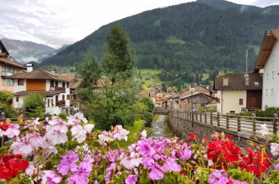 Flowers and village in the Dolomites on an AdventureWomen tirp