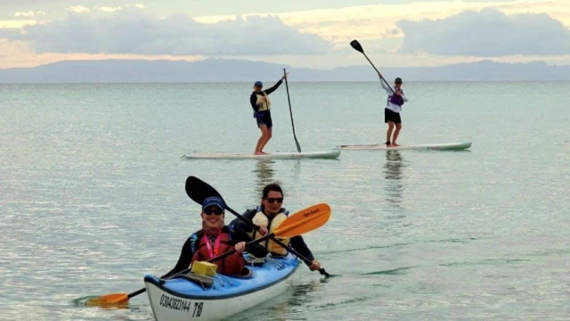 Two people paddleboarding and two others kayaking on a calm sea under a cloudy sky.