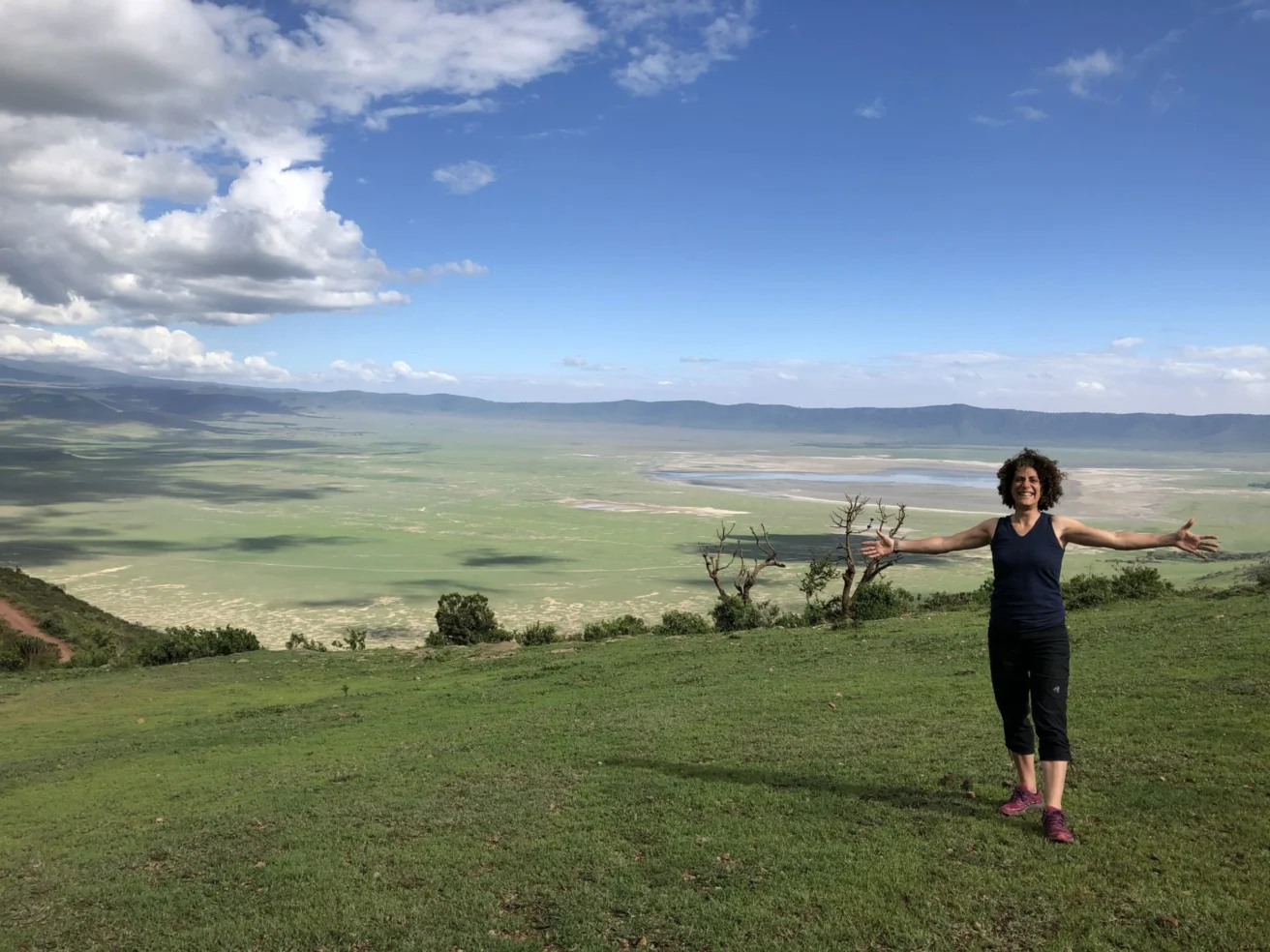 Person standing with arms outstretched on a grassy hillside overlooking a vast green valley under a cloudy sky.