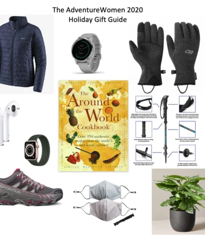 A holiday gift guide collage including a jacket, smartwatch, gloves, cookbook, wireless earbuds, running shoes, smartwatch, masks, plant, and carabiners.