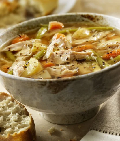 A bowl of chicken soup with vegetables, including carrots and celery, is on a table with a metal spoon and a piece of bread.