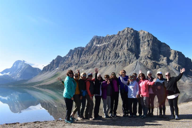 Canadian Rockies Group of women next to stunning Bow Lake