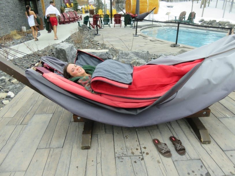 Special heated hammock and blanket outside in Canadian winter