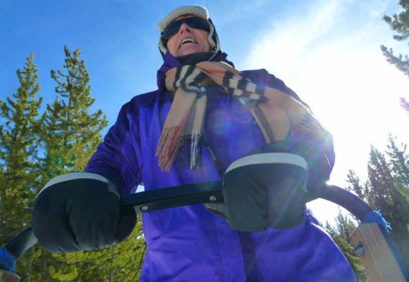 Women in purple jacket holds onto dog sled