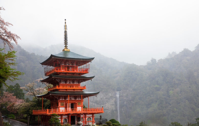 Nachi falls in the mist with mountains in the backdrop