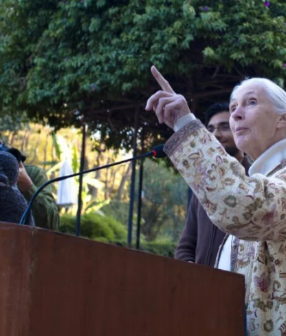 A woman in a patterned jacket speaks at a podium outdoors, surrounded by people and greenery, gesturing with her hand. A plush toy is also on the podium.