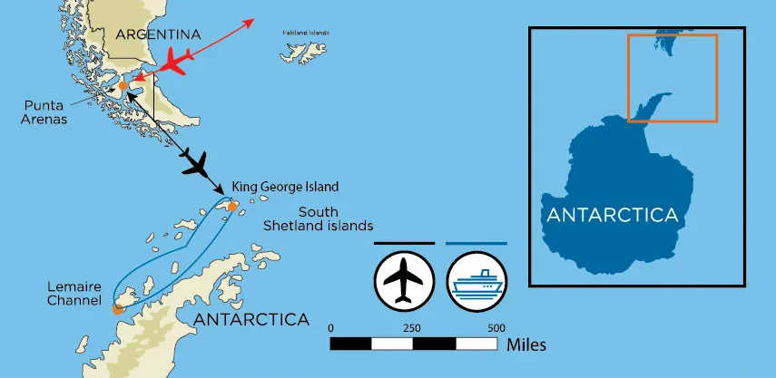 A map showing travel routes by airplane and ship from southern South America, near Argentina and Punta Arenas, to King George Island and the Lemaire Channel in Antarctica.
