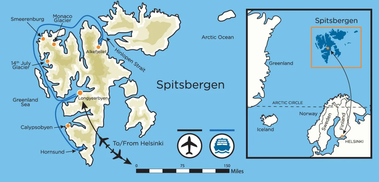 Map showing Spitsbergen, highlighting glaciers and settlements. Includes an inset map of its location relative to Norway, Finland, Greenland, and the Arctic Circle. Icons for travel routes.