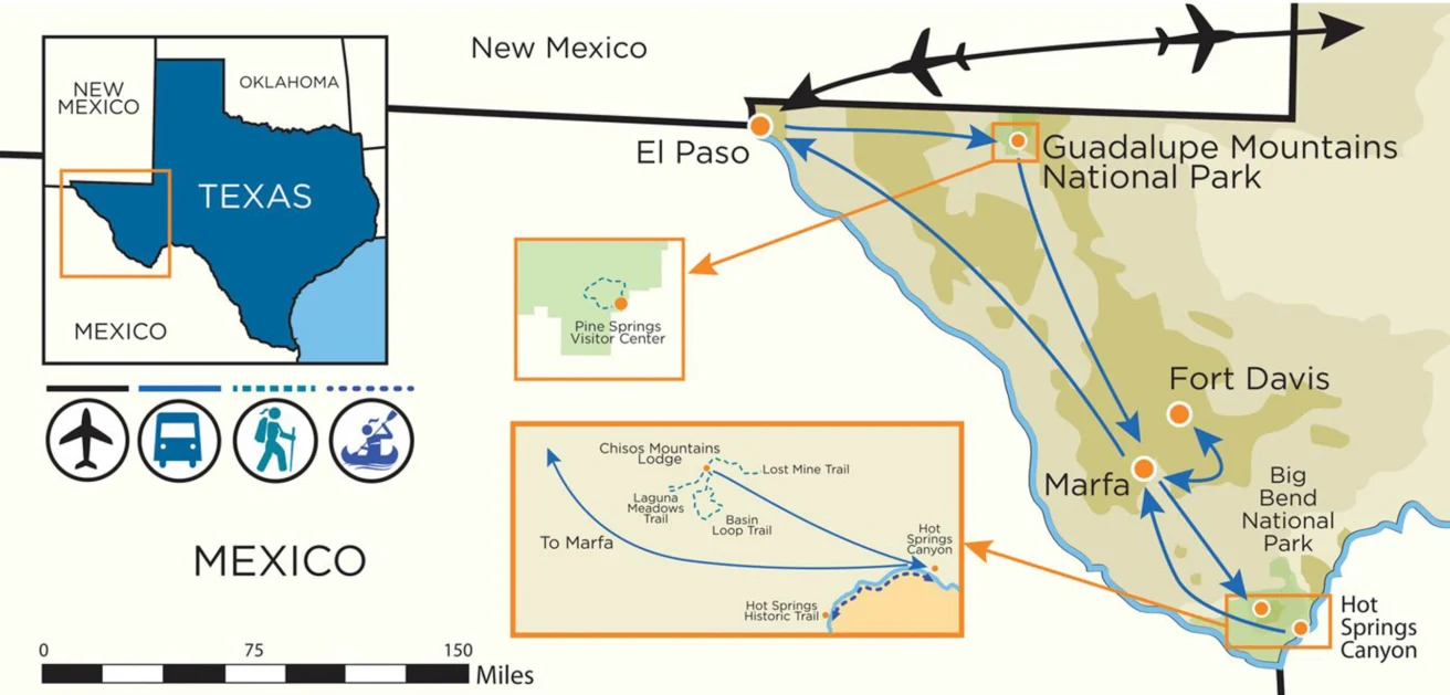 Map showing travel routes in Texas from El Paso to Guadalupe Mountains National Park, with stops at Fort Davis, Marfa, and Big Bend National Park. Includes icons for transportation and hiking trails.