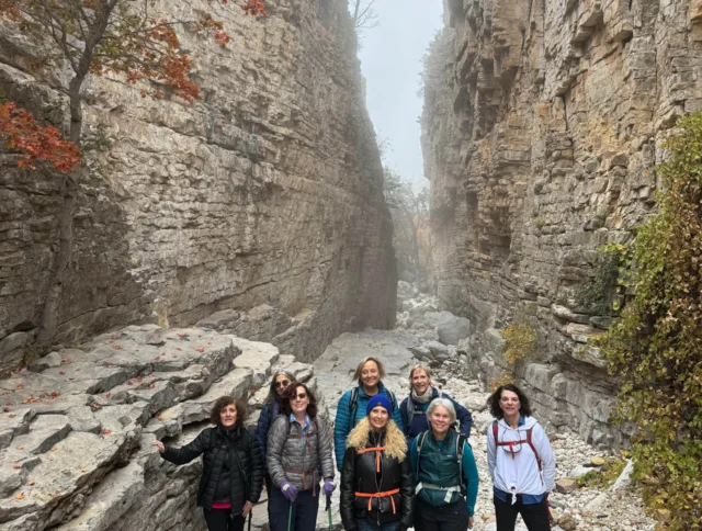 A group of hikers stands in a rocky canyon surrounded by autumn foliage on a misty day.