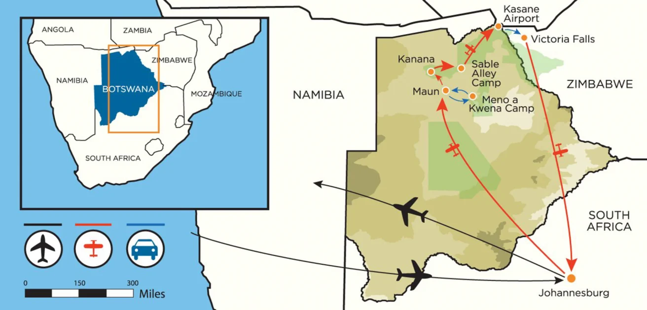 Map showing a travel route from Johannesburg to Botswana, with stops at Kasane Airport, Kanna, Sable Alley Camp, and Meno a Kwena Camp. Inset map highlights Botswana's location in Africa.