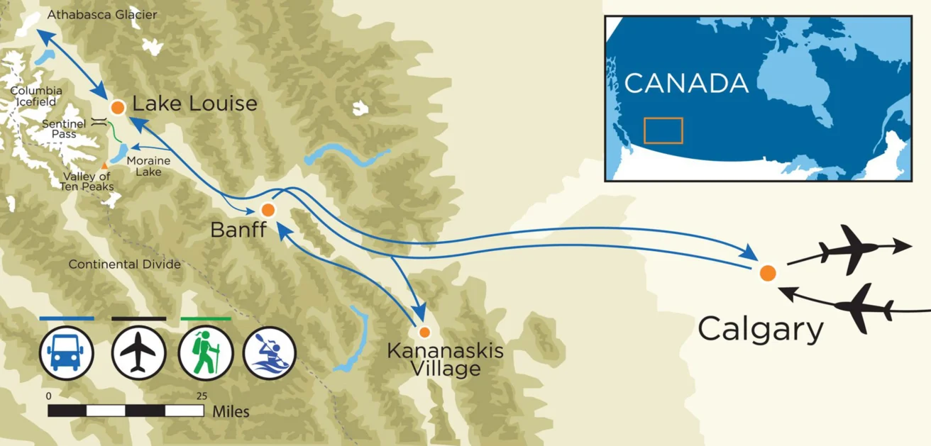 Map showing routes from Calgary to Banff, Lake Louise, and Kananaskis Village. Includes icons for transportation modes and a location inset of Canada with the area highlighted.