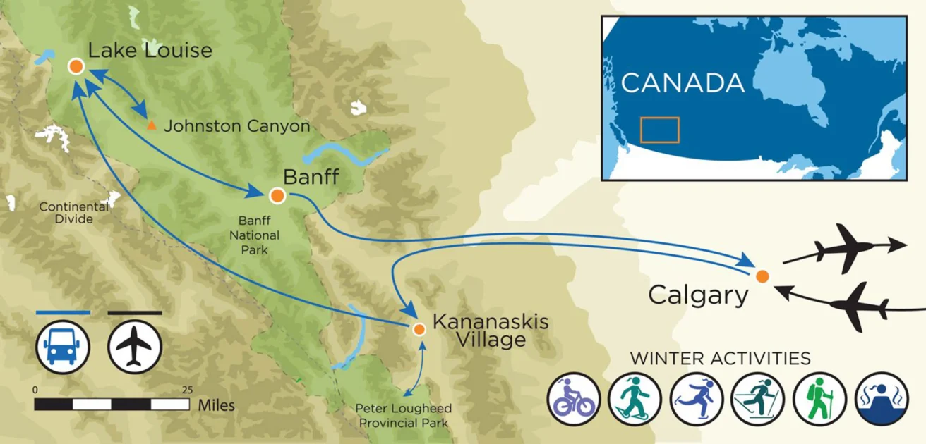 Map showing travel routes from Calgary to Banff, Kananaskis Village, and Lake Louise. Includes icons for winter activities: walking, snowboarding, skiing, and ice skating. Inset map locates the area in Canada.