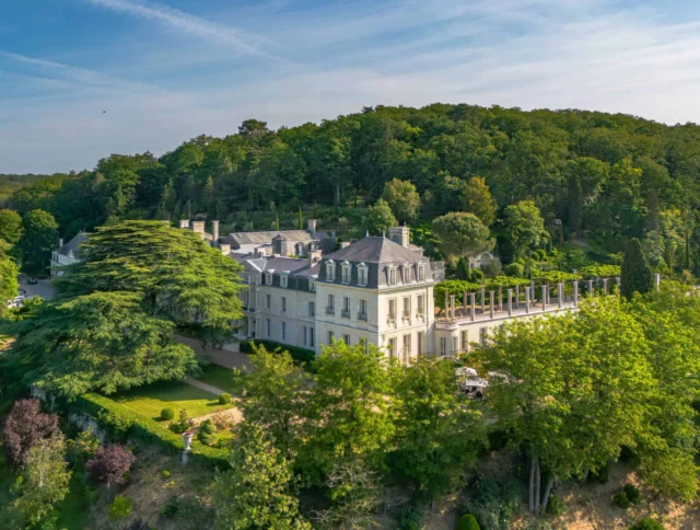 Aerial view of a large estate surrounded by lush greenery and trees, with a grand building and manicured gardens in the foreground.