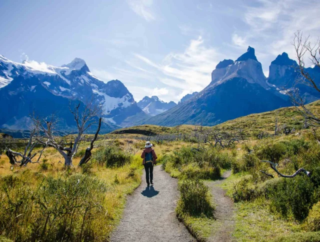 Person walking on a path through grassy landscape with rugged mountains and blue sky in the background.