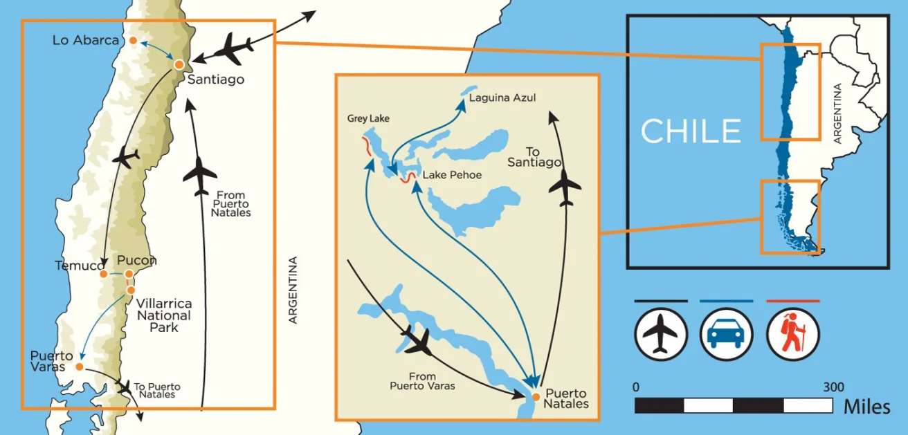 Map of Chile showing travel routes with planes and cars, highlighting Lo Abarca, Santiago, and Villarrica National Park. Inset of Grey Lake, Lake Pehoe, and Laguna Azul with additional routes.