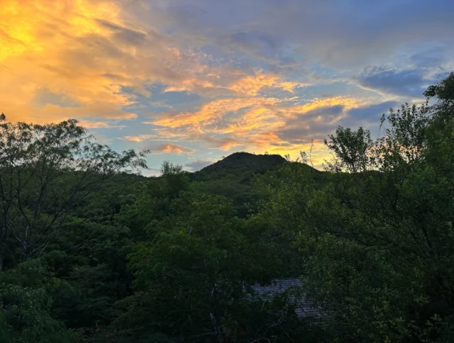 Sunset over a green forested landscape with a hill in the background under a sky filled with orange and blue clouds.