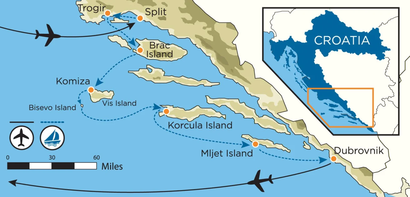 Map of Croatia's Dalmatian coast with flight and ferry routes connecting Split, Trogir, Brac Island, Vis Island, Komiza, Bisevo Island, Korcula Island, Mljet Island, and Dubrovnik.