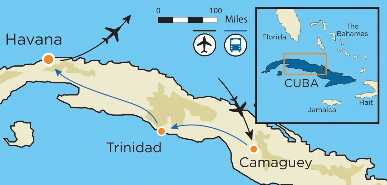 Map of Cuba showing travel routes by plane and bus between Havana, Trinidad, and Camaguey, with an inset map of Cuba's location in the Caribbean.