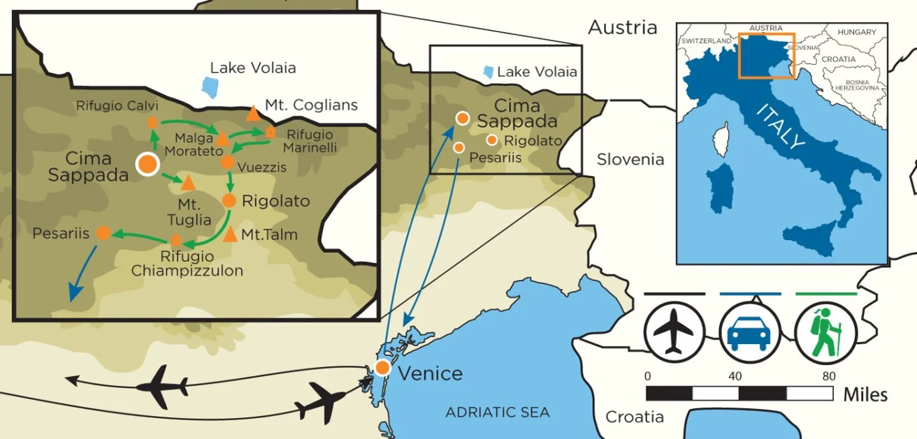 Map showing travel routes from Venice to Cima Sappada, with marked hiking trails, locations, and key landmarks in Italy near the Austria and Slovenia borders.