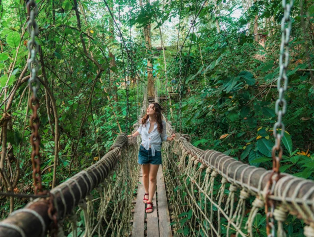 A woman walks on a rope bridge surrounded by lush green foliage.