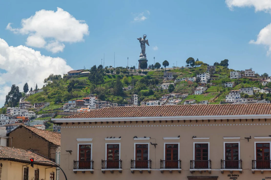 Virgin de El Panecillo statue on top of El Panecillio hill, Quito, Ecuador from San Francisco Plaza.