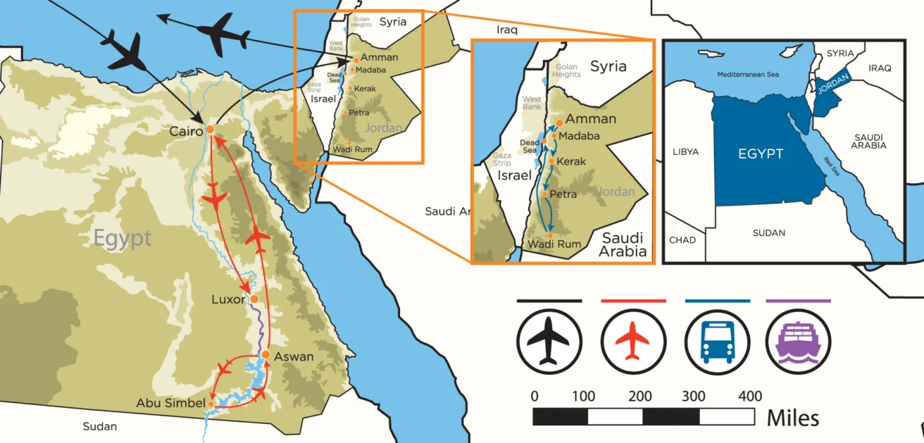 Map illustrating flight paths from Abu Simbel to Amman, showing Egypt, Jordan, Israel, and neighboring countries with distance scales and travel icons.