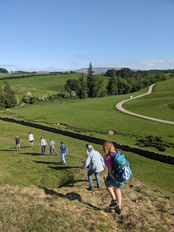 A group of people hike down a grassy hill with a stone wall, trees, and a winding path in the background under a clear blue sky.