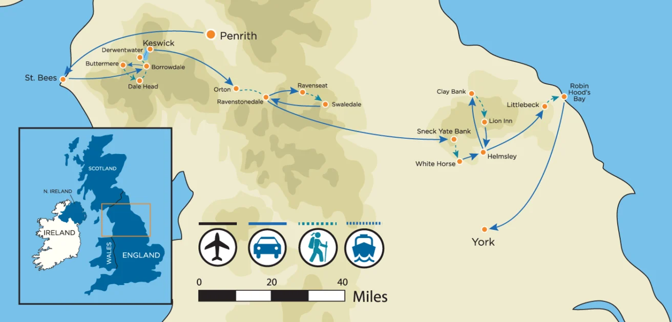 Map of northern England showing a route from St. Bees to Robin Hood’s Bay with icons for transportation methods and a zoomed inset of the UK highlighting the area.