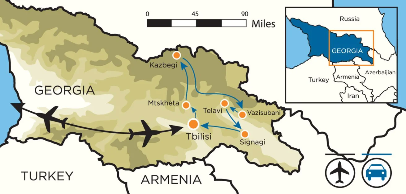 Map showing Georgia with routes between Tbilisi, Kazbegi, Mtskheta, Telavi, and Signagi. Inset shows Georgia's location near Russia, Armenia, Azerbaijan, Iran, and Turkey.