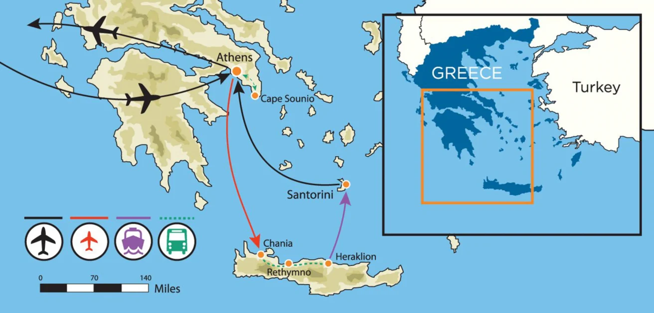 Map showing flight and ferry routes from Athens to Santorini and Chania, Crete, with an inset highlighting Greece's location next to Turkey.