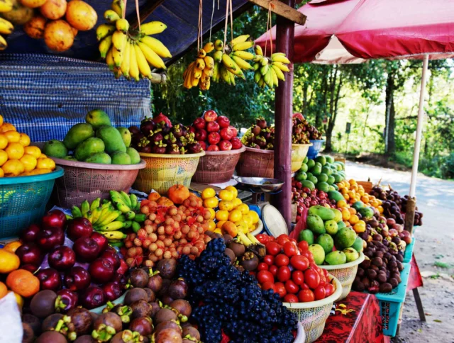 Fruit stall with baskets of bananas, oranges, apples, grapes, mangoes, and other fruits under a red canopy.