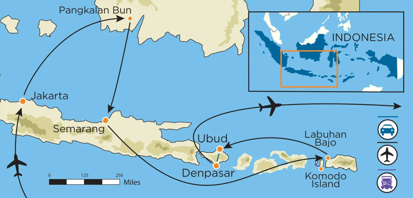 Map of Indonesia showing travel routes from Jakarta and Semarang to Ubud, Denpasar, Labuhan Bajo, and Komodo Island, with an inset map highlighting the region's location.