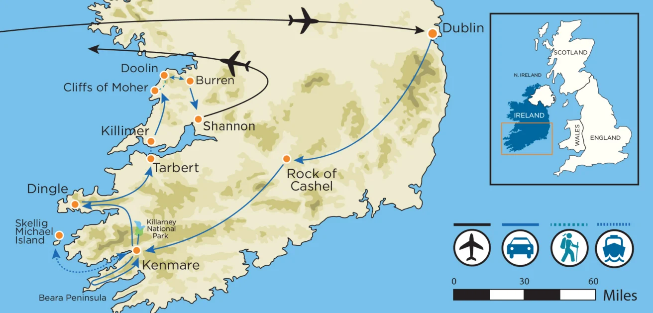 Map of southwest Ireland showing air and road routes between Dublin, Shannon, and sites like Doolin, Dingle, Kenmare, the Burren, and the Cliffs of Moher. Inset shows Ireland's location.