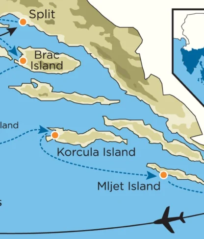 Map showing flight and ferry routes between cities and islands along Croatia's coast, including Trogir, Split, and Dubrovnik, with inset of Croatia's location.