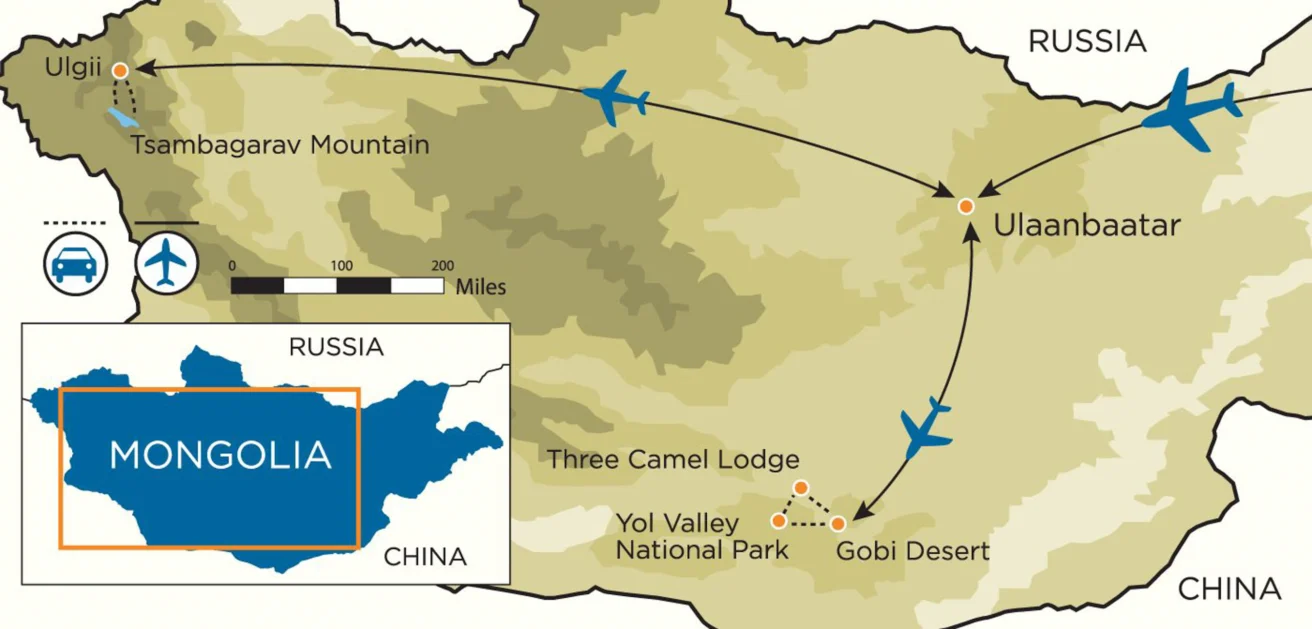 Map of Mongolia showing flight routes from Ulaanbaatar to Ulgii and Three Camel Lodge. Locations include Tsambagarav Mountain, Yol Valley National Park, and Gobi Desert. Inset map shows Mongolia's location.