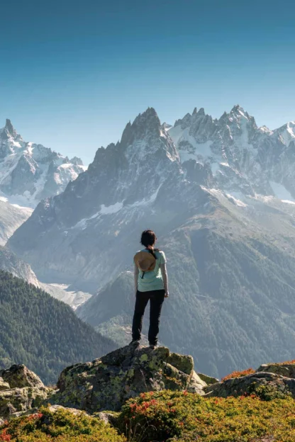 Person standing on a rock, overlooking a mountain range with snow-capped peaks under a clear blue sky.